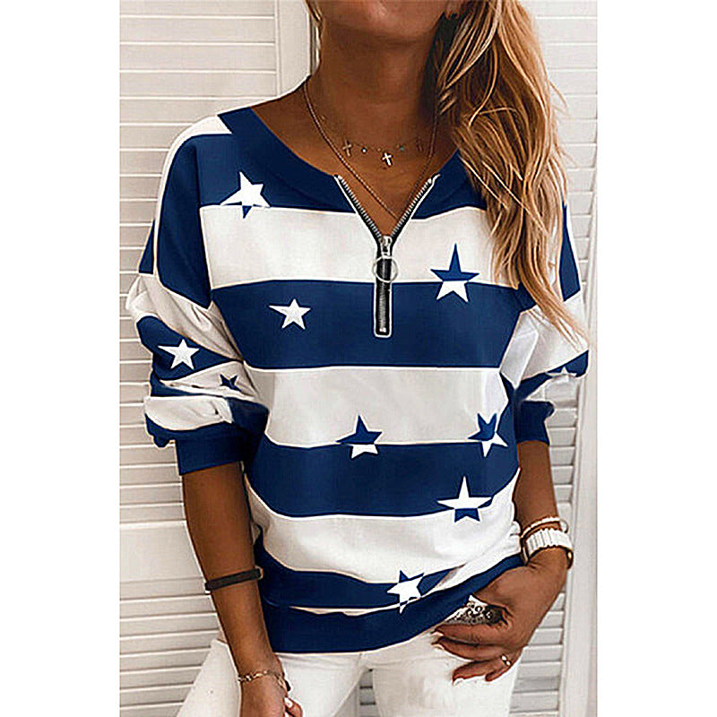 Luxury Mom Kastle Striped Printed Long-Sleeved Zipper Loose Casual Sweater Luxury Mom Kastle