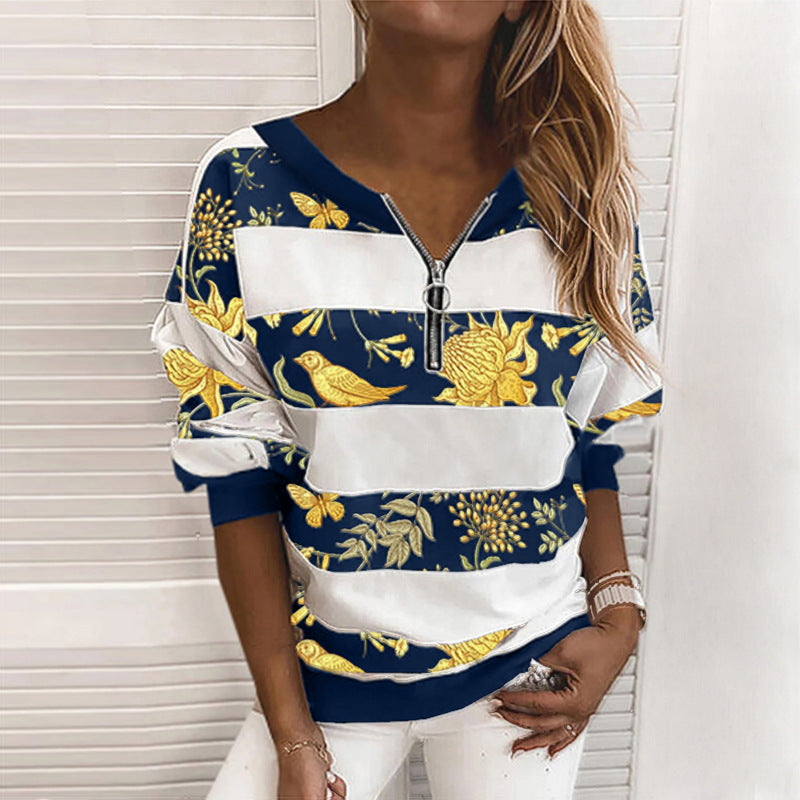 Luxury Mom Kastle Striped Printed Long-Sleeved Zipper Loose Casual Sweater Luxury Mom Kastle