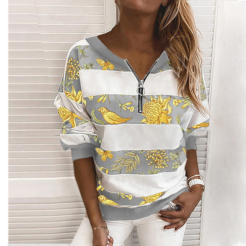 Luxury Mom Kastle Striped Printed Long-Sleeved Zipper Loose Casual Sweater Luxury Mom Kastle