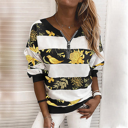 Luxury Mom Kastle  Striped Printed Long-Sleeved Zipper Loose Casual Sweater Luxury Mom Kastle  