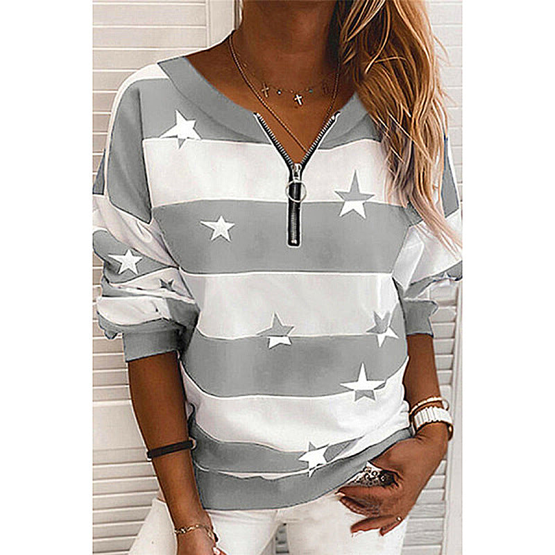 Luxury Mom Kastle  Striped Printed Long-Sleeved Zipper Loose Casual Sweater Luxury Mom Kastle  