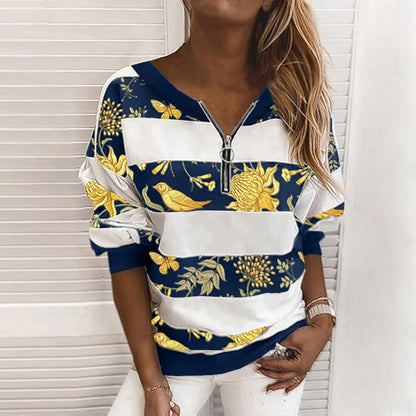Luxury Mom Kastle  Striped Printed Long-Sleeved Zipper Loose Casual Sweater Luxury Mom Kastle  