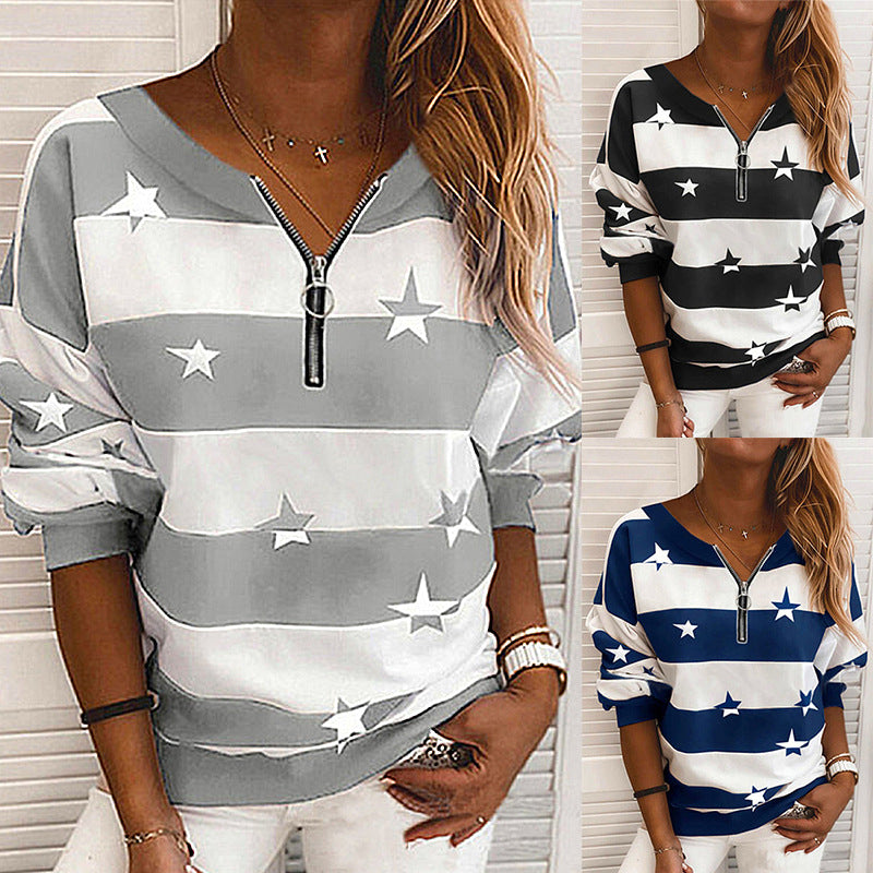 Luxury Mom Kastle  Striped Printed Long-Sleeved Zipper Loose Casual Sweater Luxury Mom Kastle  
